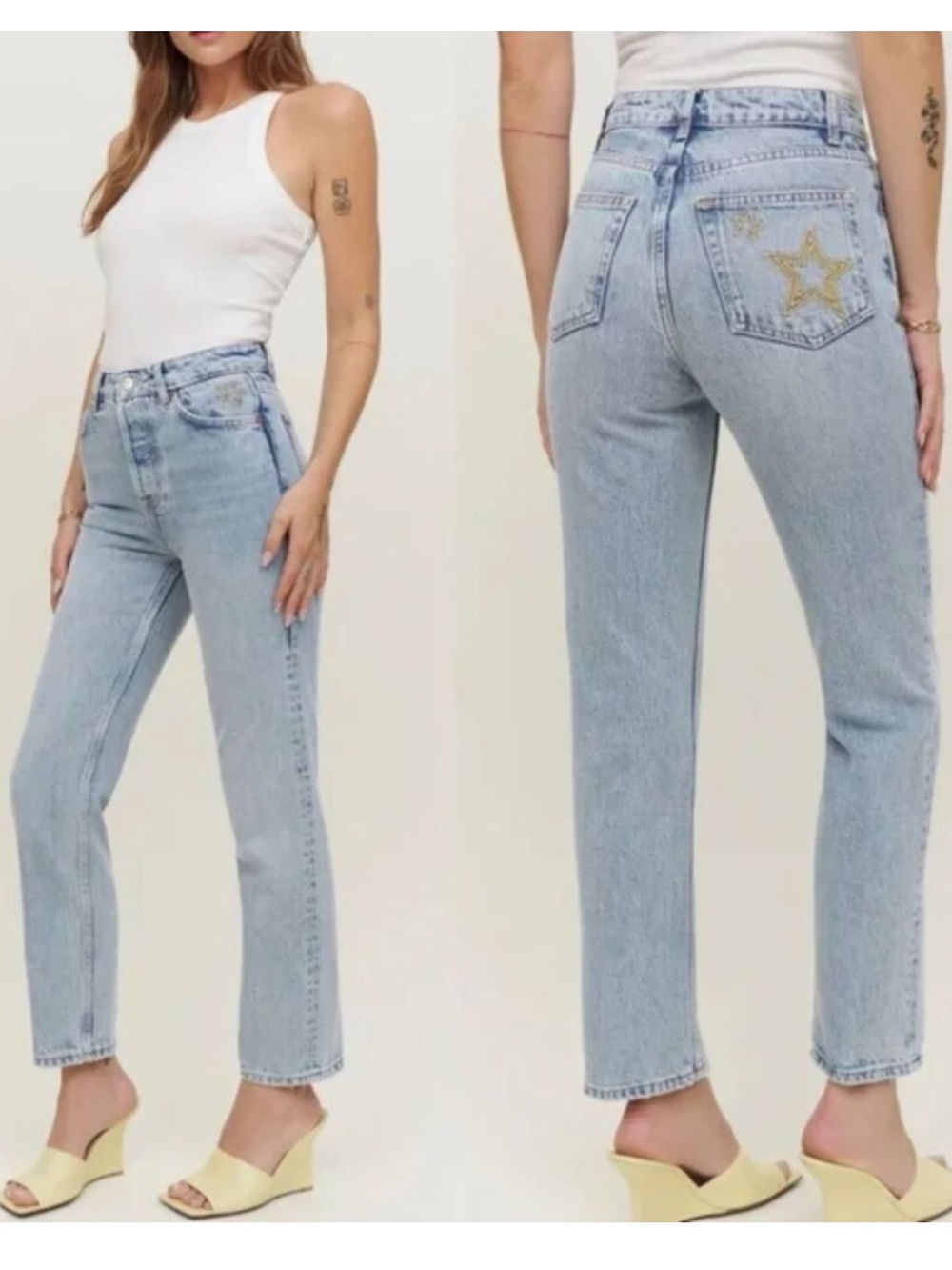 Reformation High-Rise Straight Jeans in Light Wash with Star Embroidery